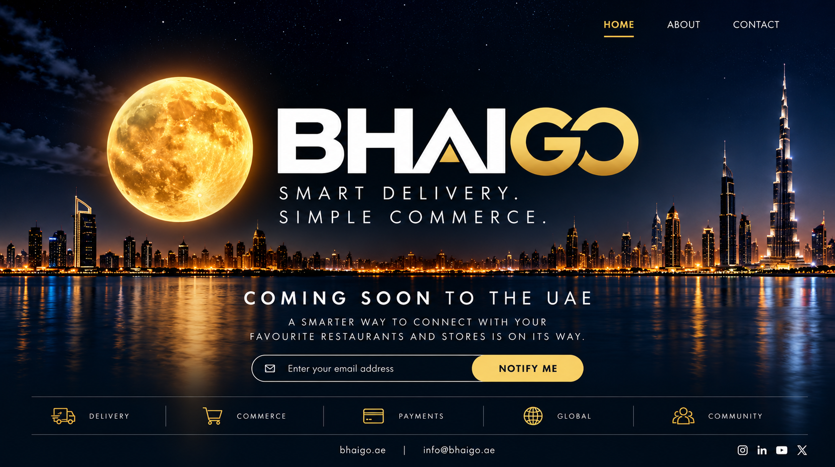 BHAIGO gold moon and stylized wordmark over a UAE skyline, with Coming Soon to the UAE announcement